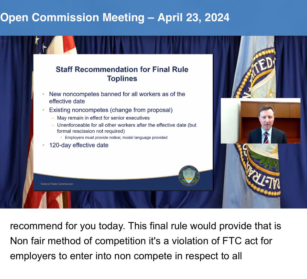 Proposed FTC Final Rule for Non-Competes:

Banning all non-competes after an effective date. 

Existing non-competes will remain in effect for only senior executives. Invalidates existing non-competes for everyone else.