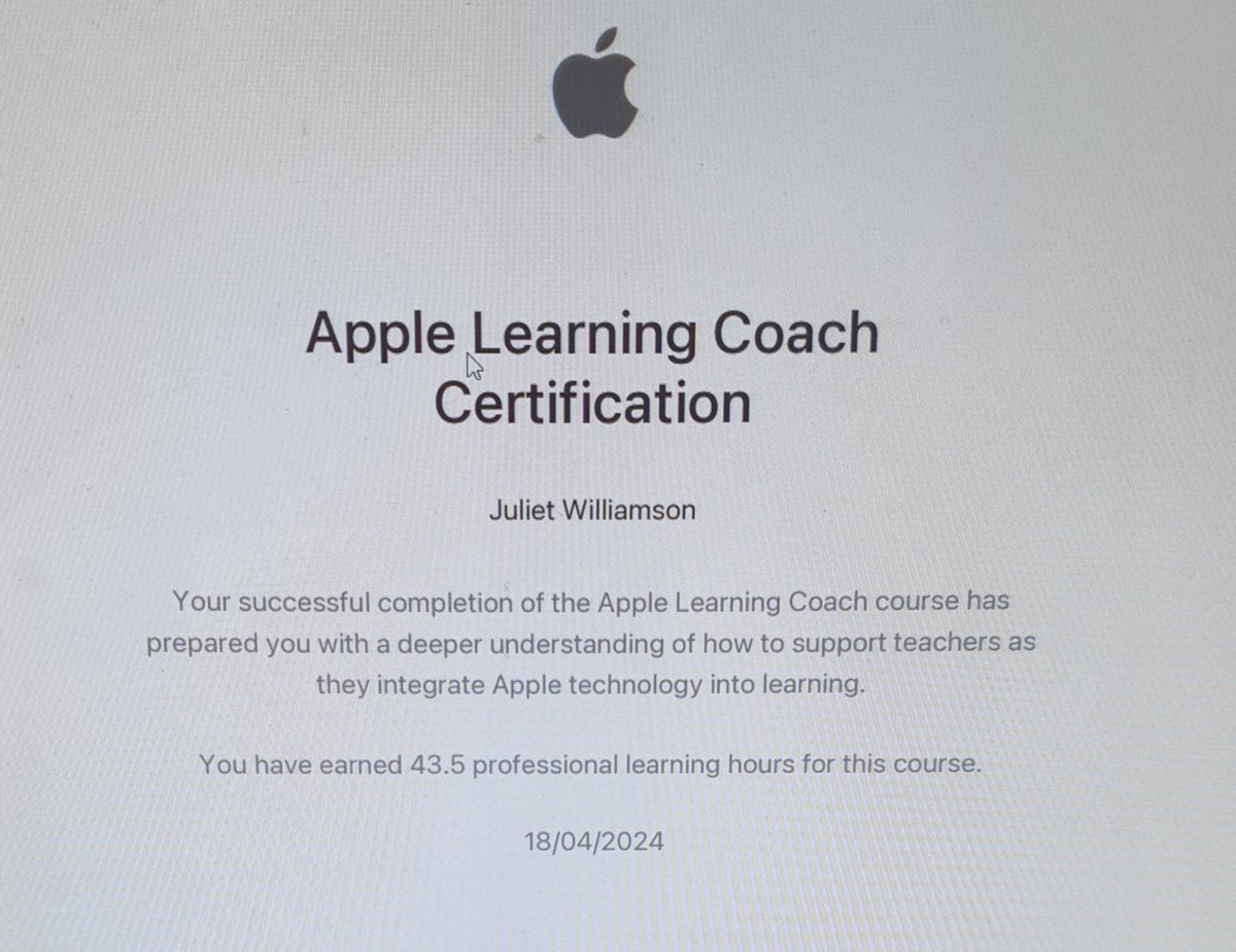 MrsJW_Cps's tweet photo. Delighted to receive this today! It was a lot of hard work but I learned loads! #applelearningcoach https://t.co/lymJJPVJT7