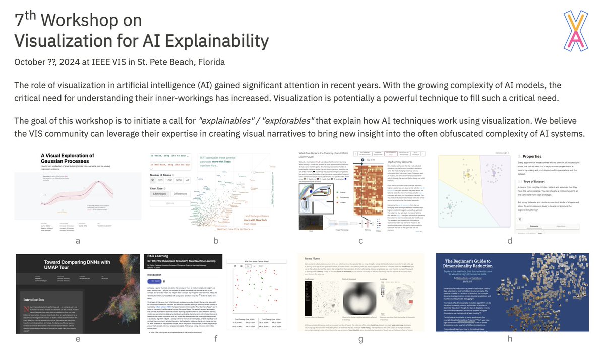 For the 7th time, we’re back! The Workshop on Visualization for AI Explainability (#visxai) will accept “explorables” & “explainables” that visualize, explain, and tell interactive stories about AI. #ieeevis ➡️ Deadline: July 30, 2024 visxai.io