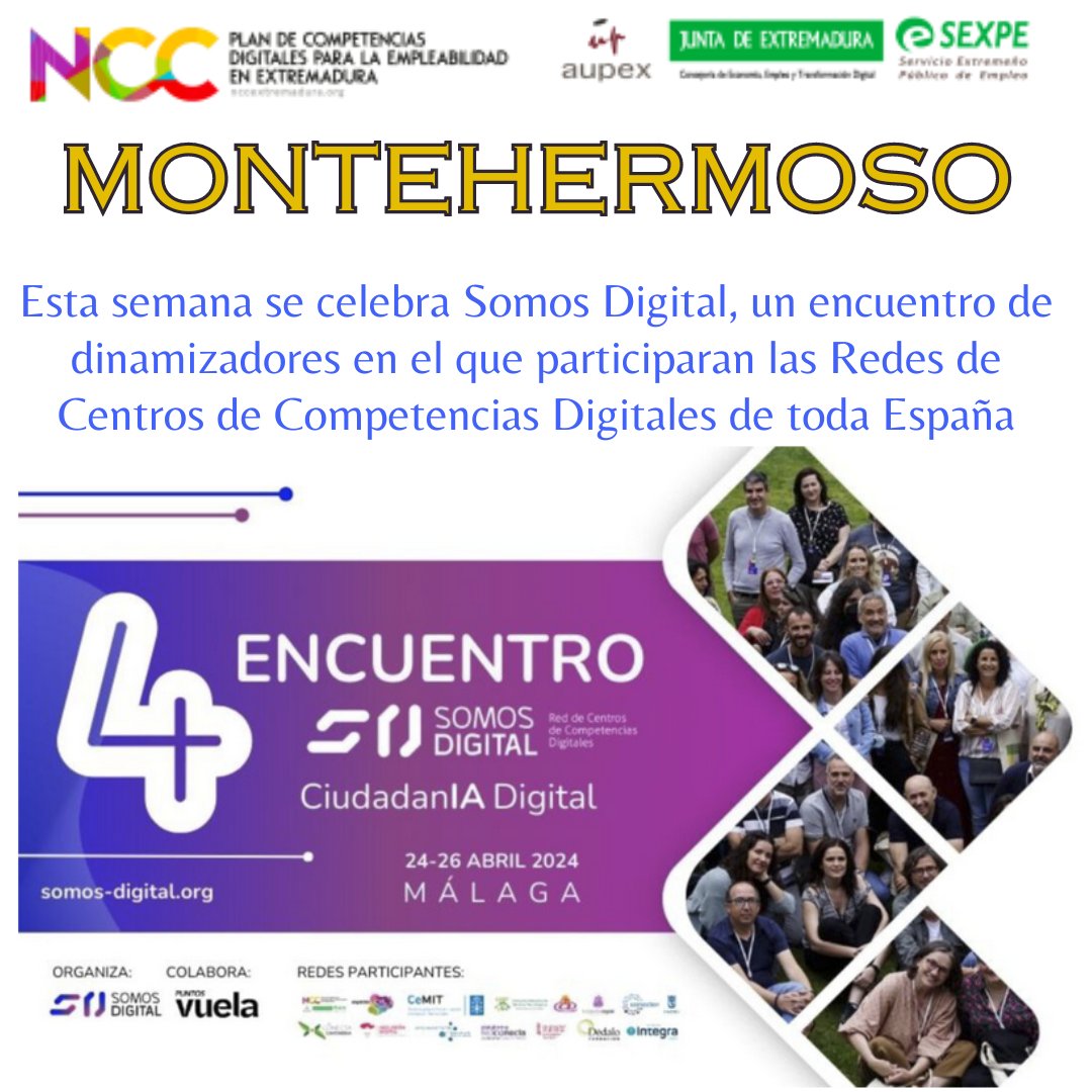 EDMontehermoso_'s tweet photo. Esta semana se celebra Somos Digital, un encuentro de dinamizadores, en el que participaran las Redes de Centros de Competencias Digitales de toda España, en el que participan con varias nominaciones el Plan de Competencias Digitales para la Empleabilidad en Extremadura  y  AUPEX https://t.co/OwPDHjLZL9