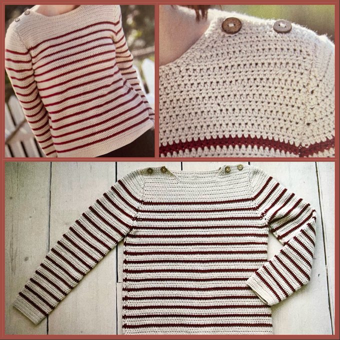 Crochet Breton Inspired Sweater ❤️🤍 This timeless sweater boasts classic single colour stripes. With simple stitches and convenient shoulder buttons, it's an ideal pattern for those seeking a cosy and traditional jumper #MHHSBD #craftbizparty #womaninbizhour #UKMakers