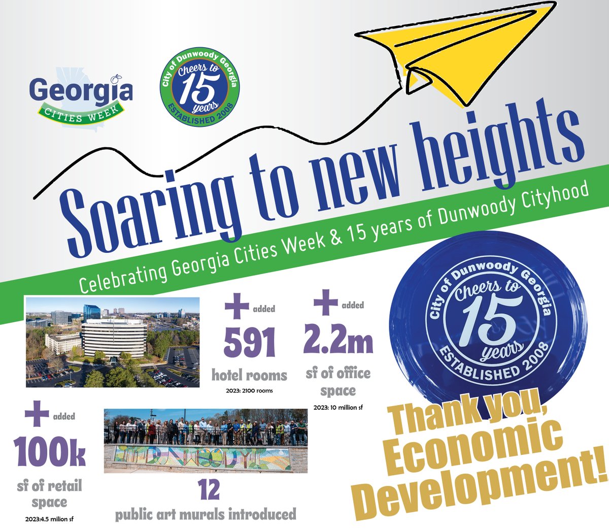 We’re focusing on the City of Dunwoody Economic Development Department for today's celebration of #GeorgiaCitiesWeek! Pictured are some of the big accomplishments in Dunwoody's first 15 years of cityhood. We’re “soaring to new heights” in Dunwoody!
@gacities