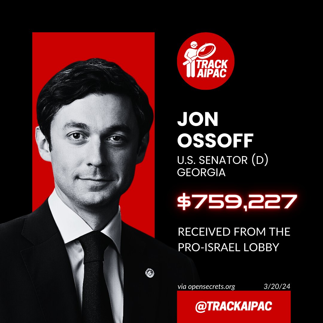 Sen. Jon Ossoff has collected >$759,000 from the Israel lobby. He has not posted about the conflict on his social channels since October 12th. #CeasefireNOW #GASEN