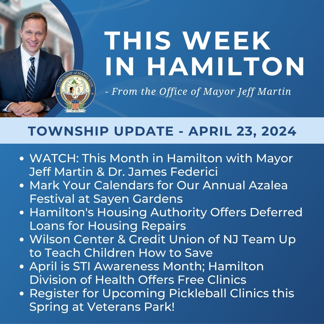 Read the Township Update for Tuesday, April 23, 2024 in full conta.cc/3QfJJqS. Sign up to receive the Township Update in your inbox by filling out the form at hamiltonnj.com/emailnews.