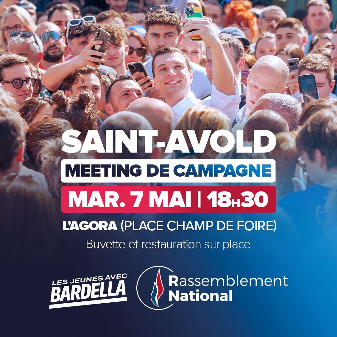 🔵 Le 7 mai, #TousEnMoselle ! Nous vous donnons rendez-vous avec @J_Bardella à #SaintAvold, à l’Agora (place Champ de Froire) à 18h30, pour notre meeting en Moselle ! #VivementLe9Juin ▶️ Inscriptions : urlz.fr/qkYC