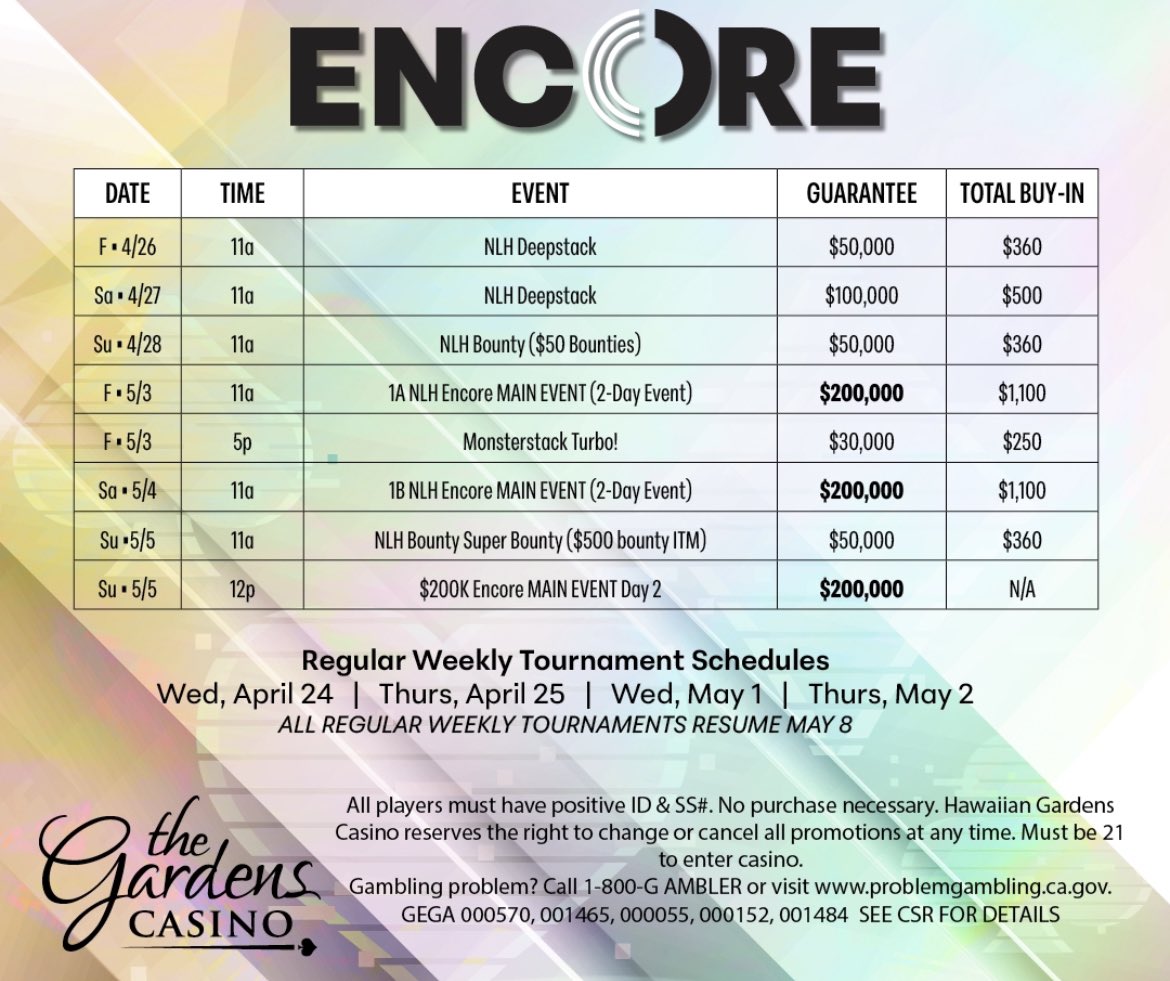 cavincasino's tweet image. #SoCal Schedule Reminder
Wed 11a $10K Bounty $130 buy-in
Thur 11a $10K NLH $130 buy-in

#SoCalSpringSpecial #EncoreWeekend
Fri 11am $50K GTE NLH Deepstack 🏆
Sat 11am $100K GTE NLH Deepstack🏆
Sun 11am $50K GTE Bounty 🏆

Regular Schedule Wed &amp;amp; Thur
2nd Encore Week $200K GTE 👀