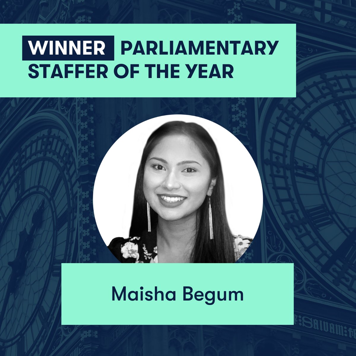 The winner of ‘Parliamentary Staffer of the Year’ is Maisha Begum! Awarded for her passionate efforts in tackling violence against women and girls. Massive congratulations, @Cllr_MaishaB! #PagefieldParliamentarianAwards