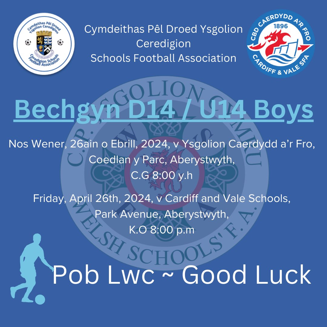 Pob lwc i’n tîm bechgyn D14 sy’n chwarae yn rownd gyn-derfynol nos Wener yn erbyn Ysgolion Caerdydd a’r Fro. Dewch i draw i gefnogi.
Our U14 boys are playing in the semi-final of the on Friday night against Cardiff and Vale Schools. Come and show your support. Good luck boys