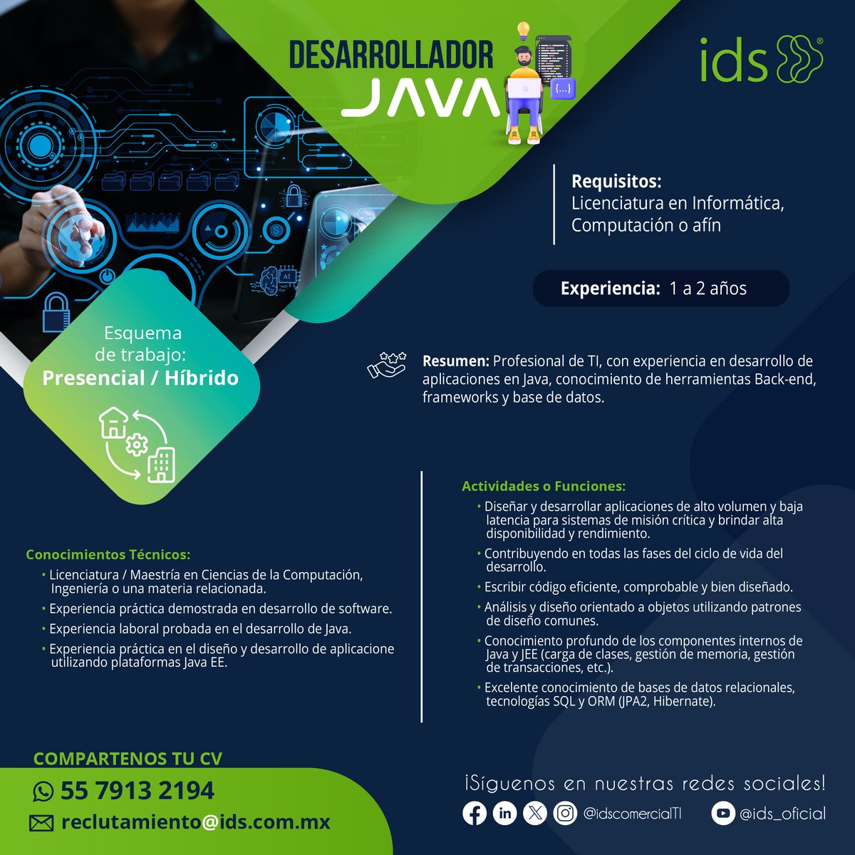 idscomercialTI's tweet image. ¡Únete a nuestro equipo como #DesarrolladorJava! 💡⚙️
Si eres apasionad@ por el código y buscas un modelo laboral hibrido ¡Este es tu momento!
Envía tu currículum a reclutamiento@ids.com.mx
¡Nos gustaría conocerte!
#idsLovers #idsComercialTi #ConectandoTalentoYTecnologia