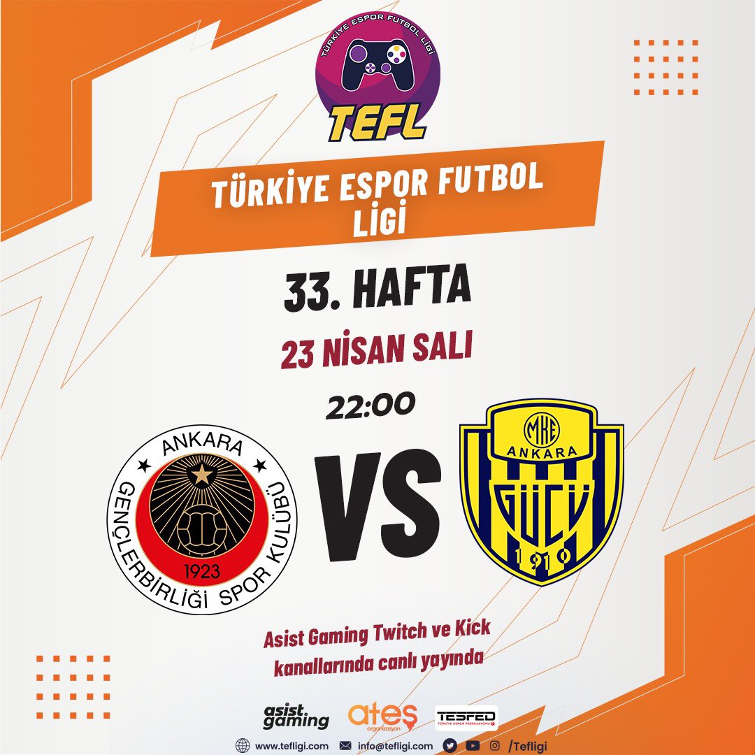 Türkiye Espor Futbol Ligi 2023-2024 sezonu 33. hafta maçımız bu akşam!

Rakibimiz, Ankaragücü.

📺 Karşılaşma 22:00’de <a href="/asistanaliz/">Asist Analiz</a> / Asist Gaming  Twitch kanalından canlı yayınlanacak. 

#HaydiGençler <a href="/kirmizikara/">Gençlerbirliği SK</a>