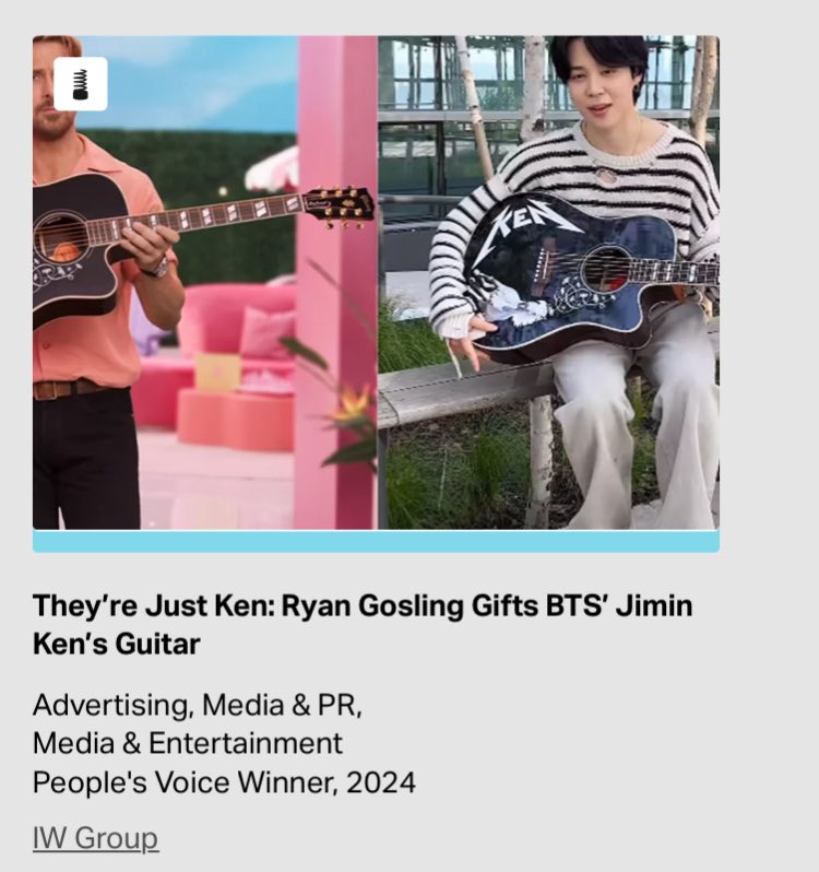 Jimin has won 2 categories at the 2024 The Webby Awards: 🏆 Video - Viral: 'The Jimin Experience' on The Tonight Show Starring Jimmy Fallon 🏆 Advertising, Media & PR - Media & Entertainment: 'They're just Ken: Ryan Gosling Gifts BTS' Jimin Ken’s Guitar'