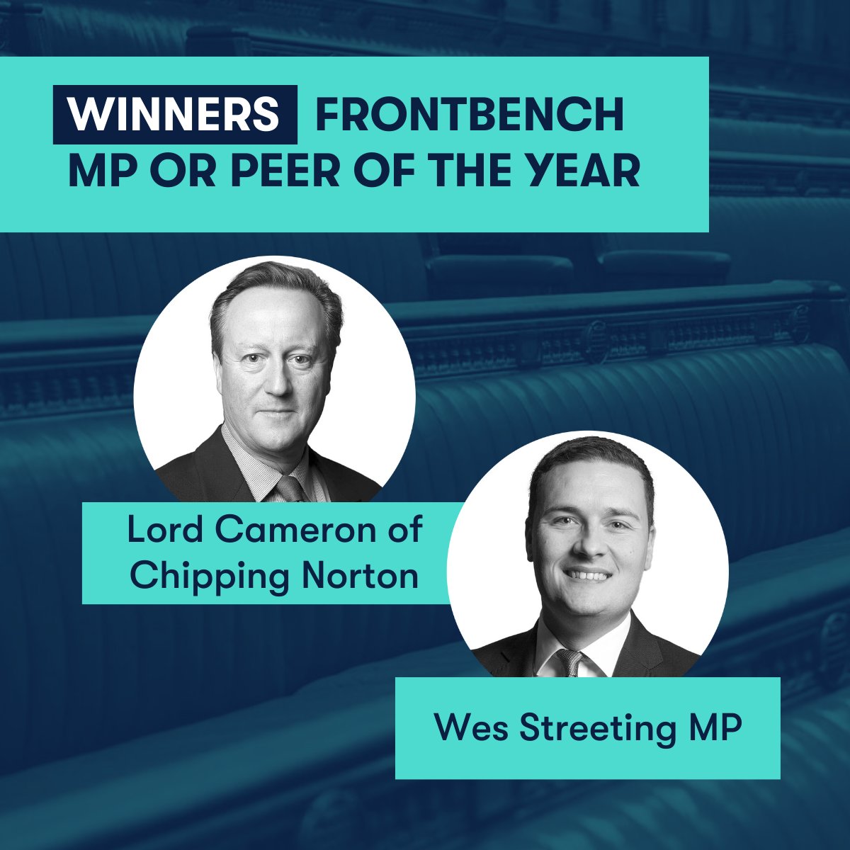 The winners of ‘Frontbench MP or Peer of the Year’ are Lord Cameron and Wes Streeting! Massive congratulations to both, @David_Cameron and @wesstreeting! #PagefieldParliamentarianAwards