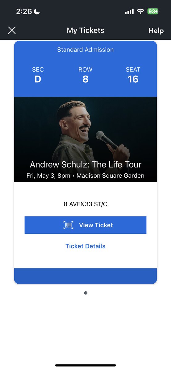 gabbyt_'s tweet photo. selling 1 ticket for Andrew Schulz at Madison Square Garden for Friday, May 3rd for $150 price is negotiable just don’t want the ticket to go to waste https://t.co/GBNdcqWdF8
