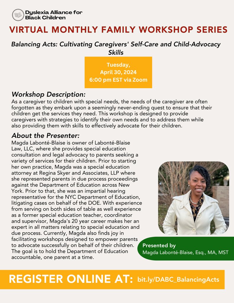 Parents and caregivers, it's your turn to be supported! Join our workshop to discover strategies for recognizing and addressing your own needs, while also enhancing your advocacy skills for your children. Register here: l8r.it/lJHw