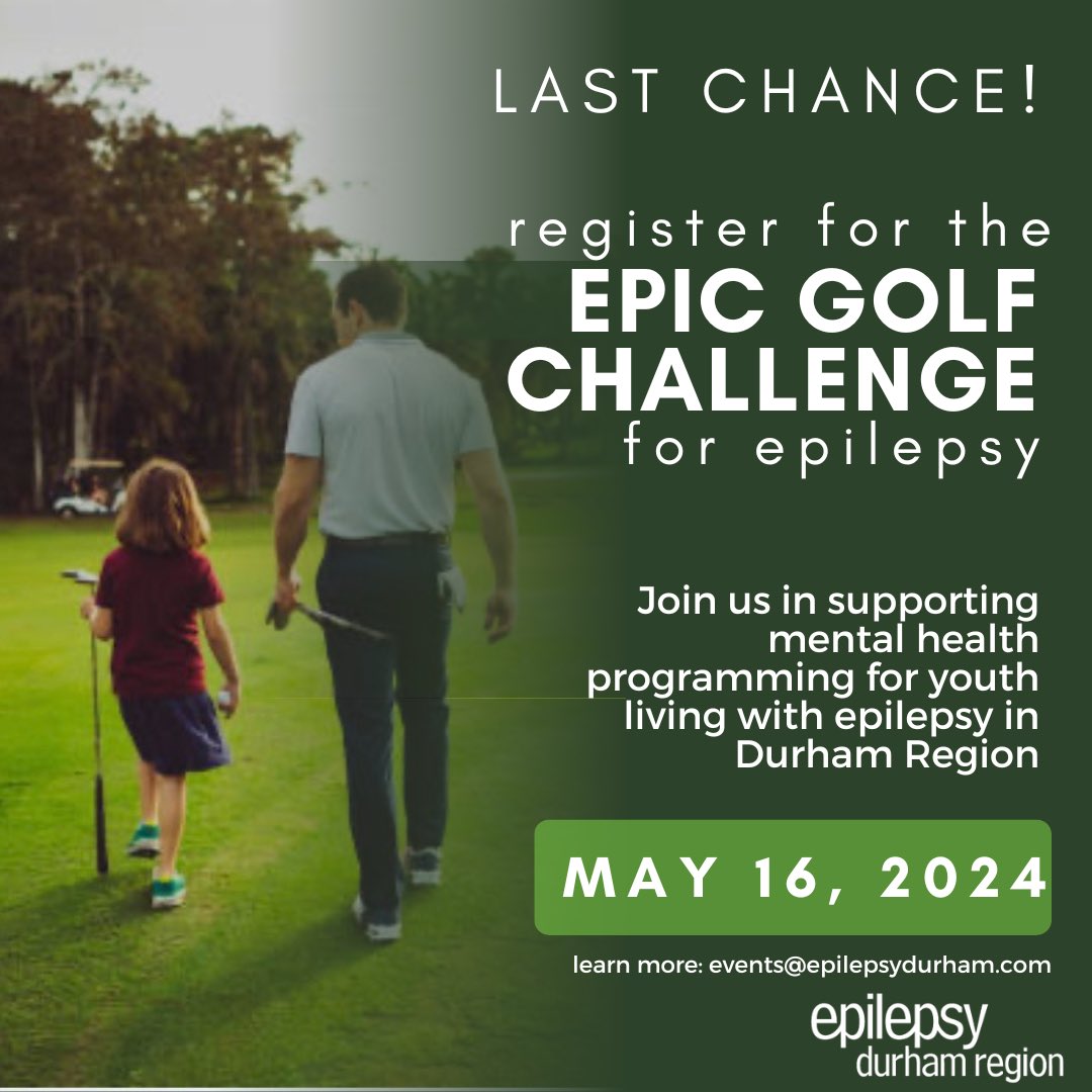 ⛳ Last call! Secure your spot in the 2024 Epic Golf Challenge for Epilepsy. Join us on May 16th to champion mental health programs for youth in Durham region. Hurry, only one team spot left! Email events@epilepsydurham.com to register before April 30th. Don't miss out!