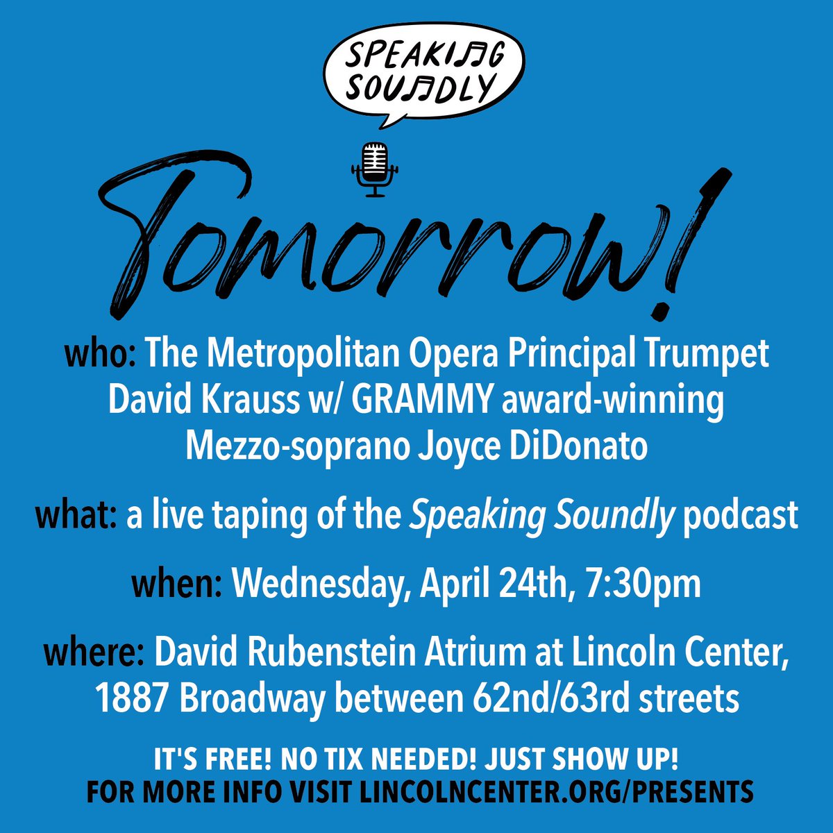 Join me ✨tomorrow✨ Wednesday April 24 at 7:30PM, for a LIVE episode of @SpeakingSndly with David Krauss in @LincolnCenter. I always enjoy the interesting chats that I have with David, and how exciting to be able to have an audience join us! More info 👉🏻lincolncenter.org/series/lincoln…