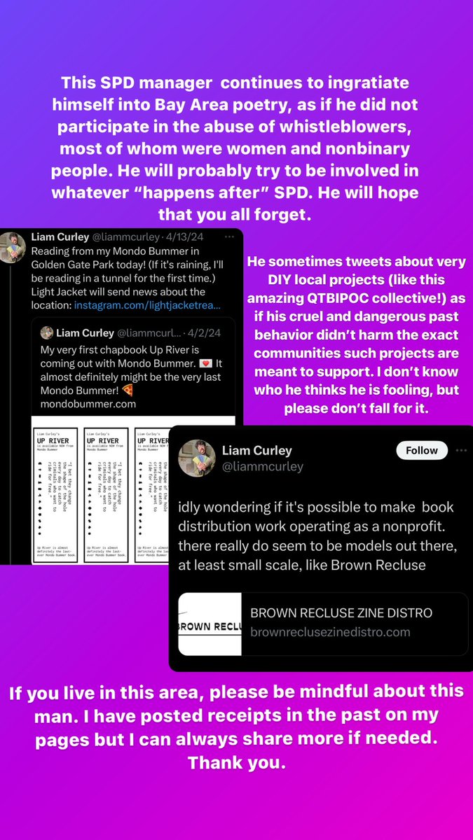 damagedbookwrkr's tweet photo. This SPD manager is also trying to ingratiate himself into Bay Area poetry—performing at readings and posing as someone who cares about work by local marginalized artists, as if he did not directly harm marginalized people working in this industry. Please be mindful! https://t.co/lkBDc8tu0U
