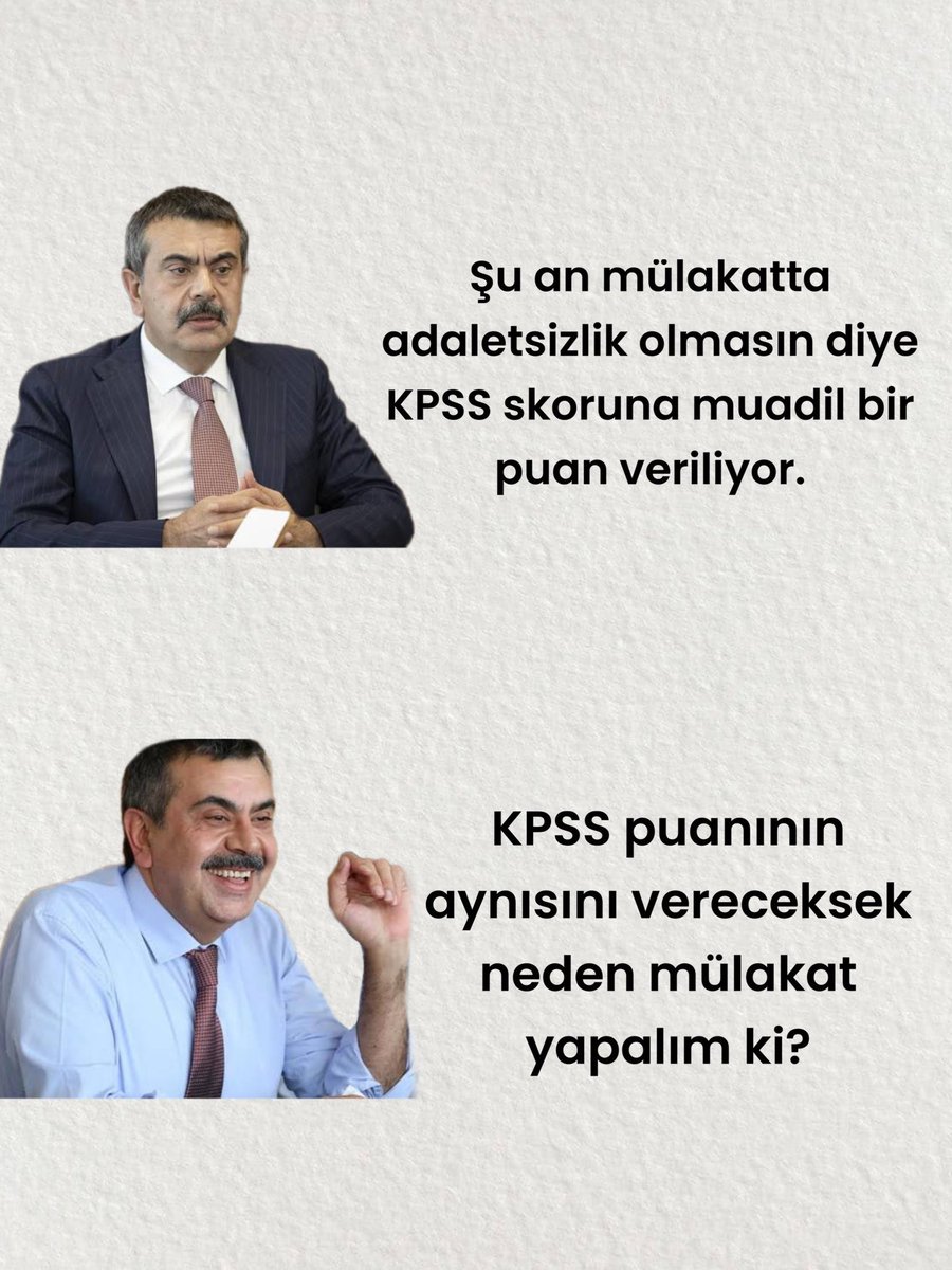 Kpss puanının aynısını vereceksek niye mülakat yapalım ki diyen kişinin yuvarlama mülakatına da güvenmiyoruz.
Tek şart kpss puanı olmalıdır.
Mülakat kaldırılmalıdır.
@RTErdogan
#SnÖzelÖğretmenlerleUlusa