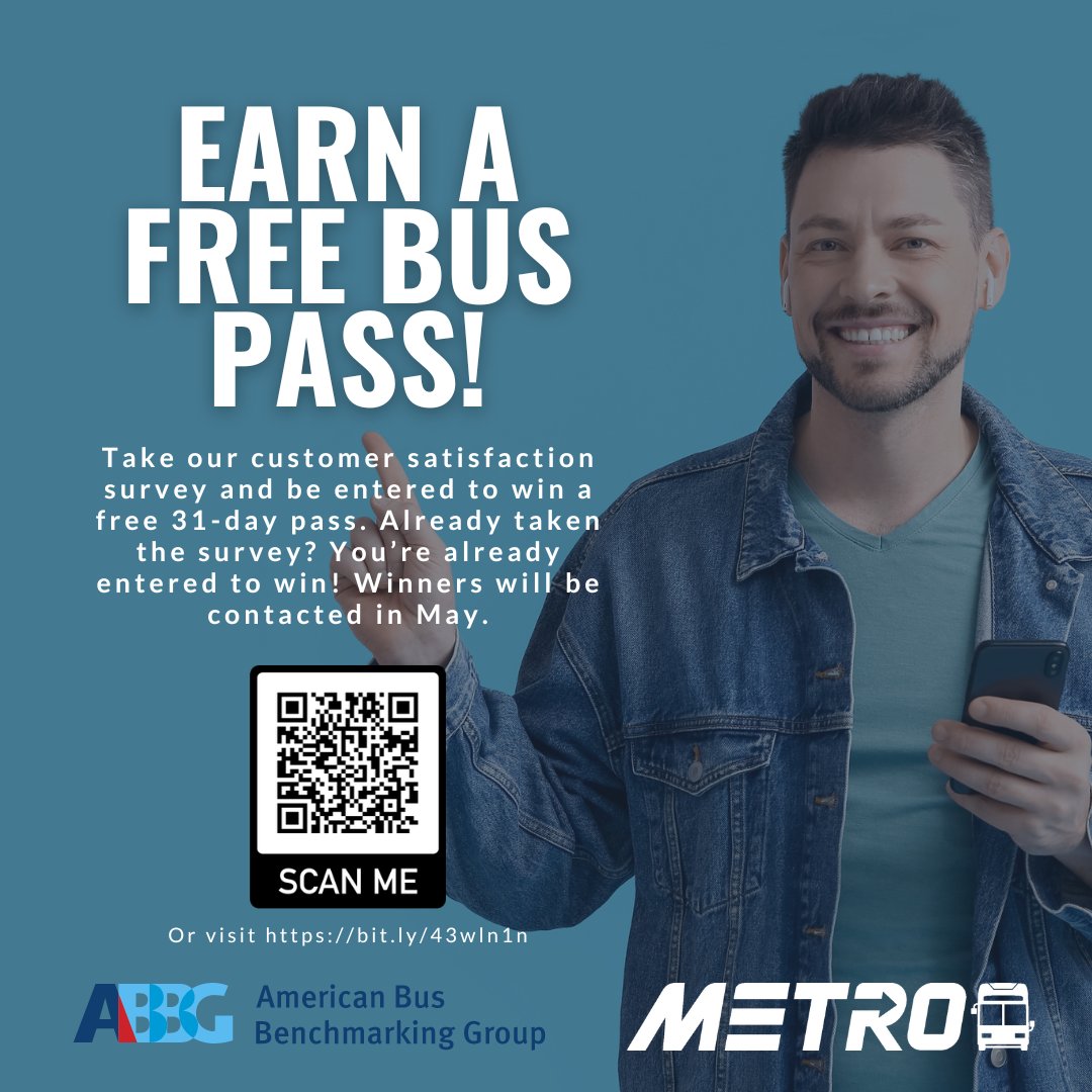 METRO would like to know what you think of your bus service. Take our survey to be entered for a chance to win a 31-day pass when the survey ends in May. Anyone who has already taken the survey has been automatically entered! Take the survey: bit.ly/43wln1n.