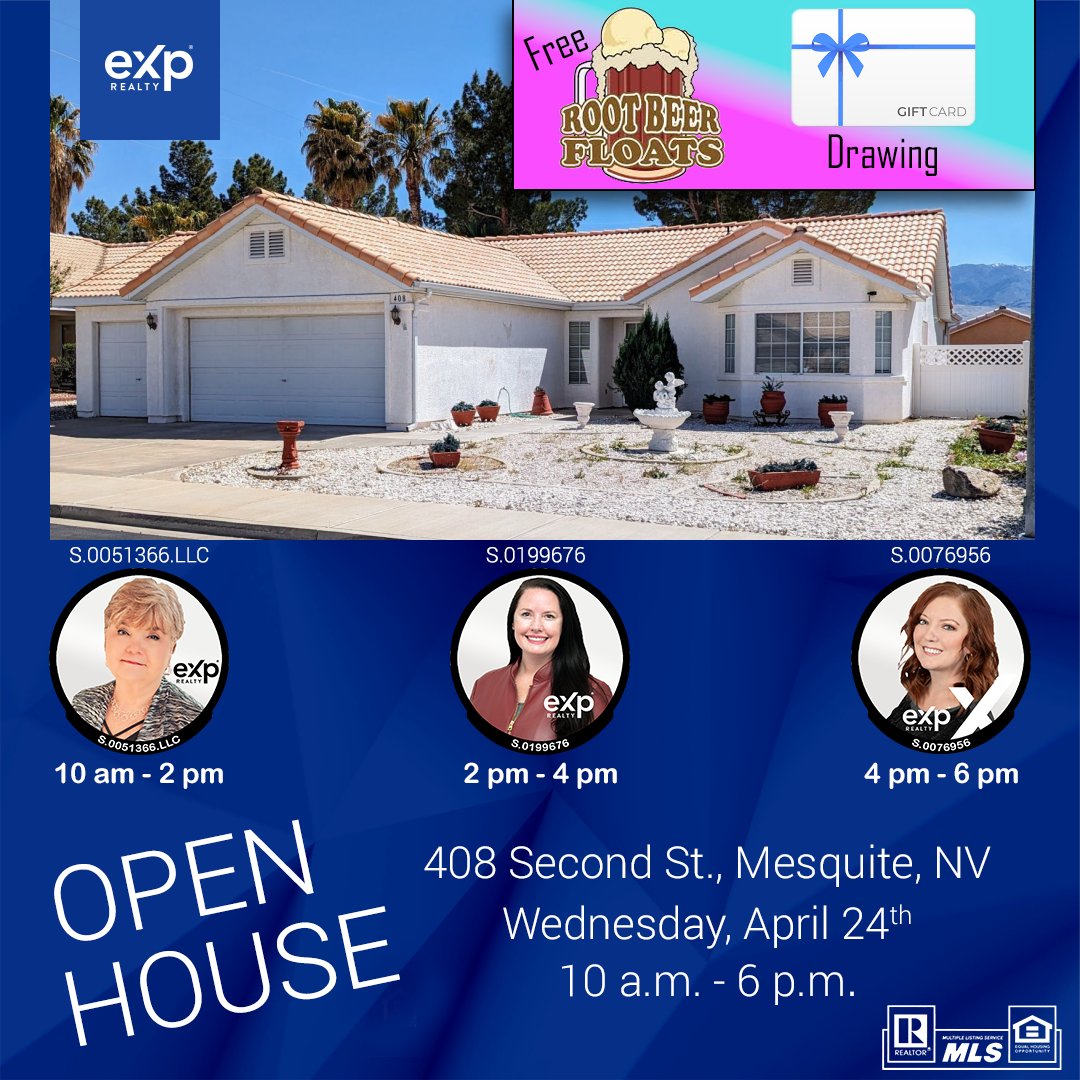 👫 Join us Wednesday, April 24th from 10 a.m. until 6 p.m. for the #OpenHouse Trifecta in #MesquiteNV! 🏡 Explore a charming single-family home with three top realtors at 408 Second South St. No HOA! Free Root Beer Floats! Gift Card Giveaway! #LaceyDavidsLLC #MesquiteNV