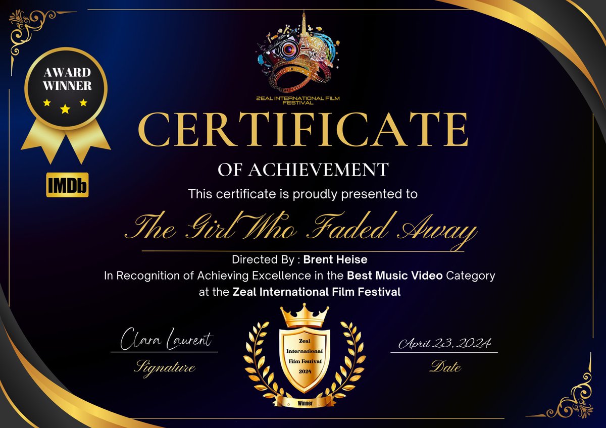 Thank you to @zealfestival for giving The Girl Who Faded Away a Best Music Video award.  It is an honor.
#filmfestival #film #shortfilm #filmmaking #filmmaker #indiefilm #movie #director #cinematography #filmmakers #filmfest #festival #filmfestivals #shortfilms #supportindiefilm
