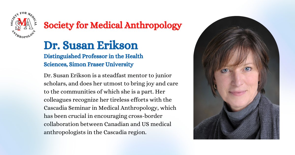 This month, we partnered with the Society for Medical Anthropology (SMA, @SocMedAnthro) to highlight SMA Members. Meet Dr. Susan Erikson, Distinguished Professor in the Health Sciences at Simon Fraser University. Learn about SMA: medanthro.net