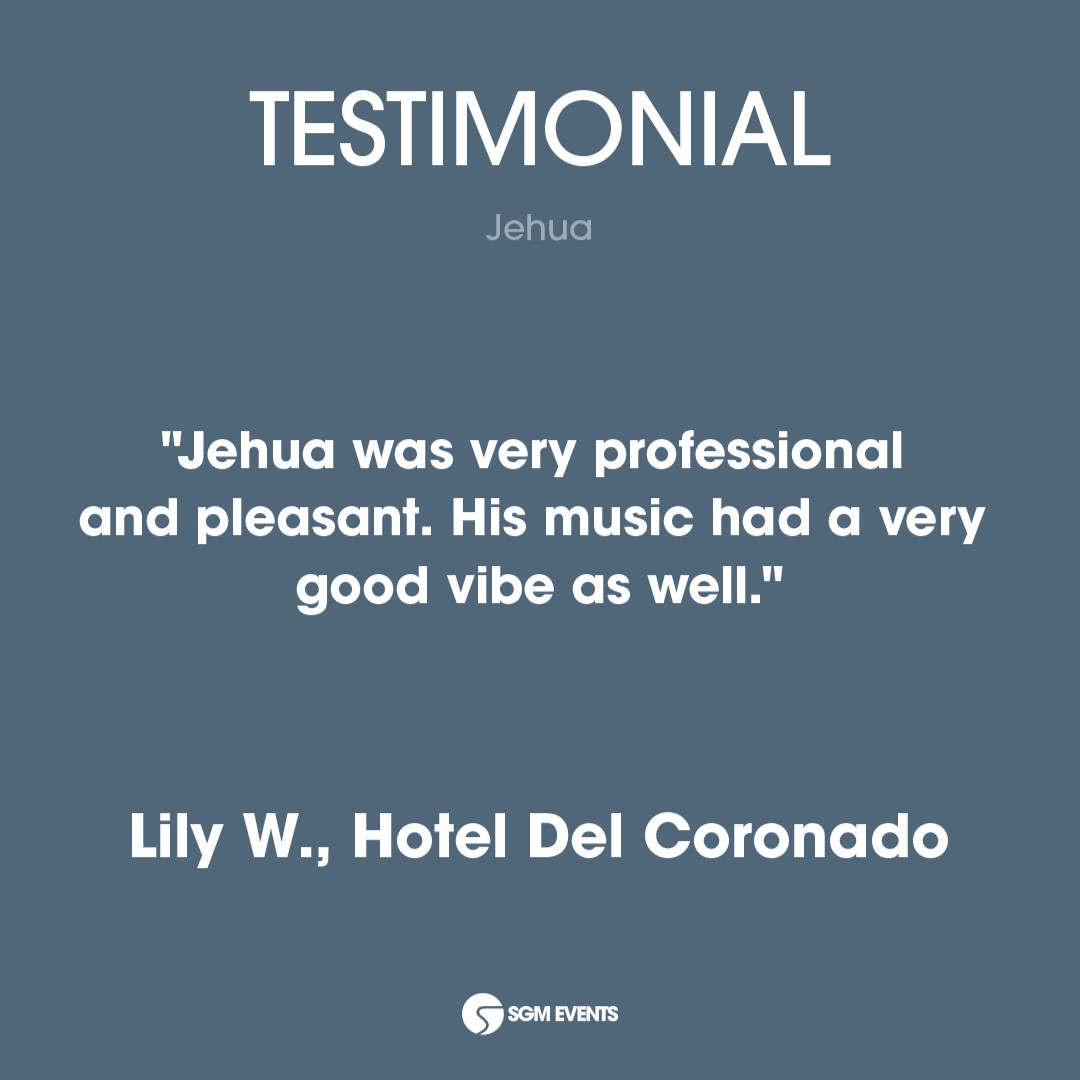 'Jehua was very professional and pleasant. His music had a very good vibe as well.' Lily W., Hotel Del Coronado Curate your event with the finest musical talent. Contact us 📲 - sgmevents.com/contact/ #SGMEvents #Jehua #clientsatisfaction #testimonialtuesdays