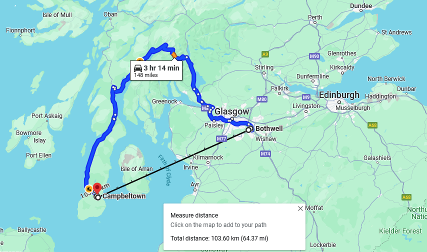 Planning a Scotland roadtrip. It's so insane that when our parents took us to Campbeltown on holiday it took over 3 hours to go 60 miles away.

What a silly country.