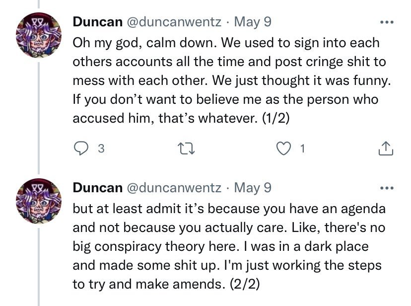 kafkathehunter's tweet photo. @ECCReanimated @QueenKwan93 @ImmortalBlack2 The good news is that actually wasn't him, it was friends posting from his account as a prank. He was so mad he cut off the friend group after, which is part of why they targeted him later. https://t.co/LhGfFxov8T