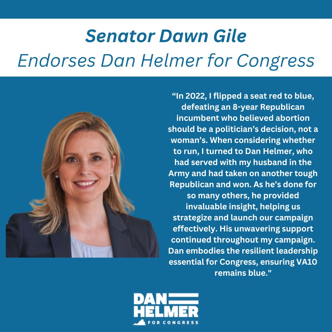 Grateful for @dawn_gile's endorsement of our campaign for #VA10! Dawn knows what it takes to beat MAGA Republicans at the ballot box and that we need a nominee who has unmatched record of doing exactly that.