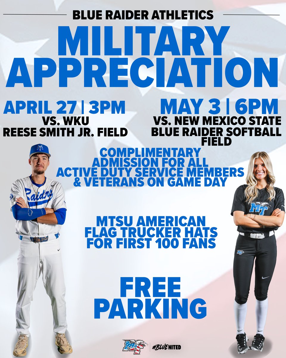 Mark your calendars for @MTAthletics #Military Appreciation Nights! Complimentary tickets will be available to all Active-Duty Service Members and #Veterans at the ballpark on game day April 27th and May 3rd! @MT_Baseball @MT_Softball #MTSU #trueBLUE