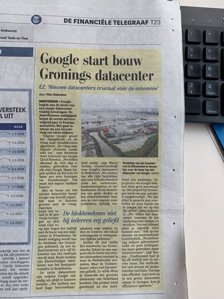 Nou Groningen...gastoevoer dichtgestort met beton, krijg je nu een datacenter van Google. Lekker koelen met water, kost wat stroom maar goed dan 'Hey ok wat?' Tijd voor decentraal internet zonder big data?