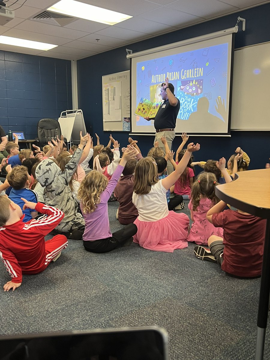 A great visit with <a href="/BrianGehrlein/">Brian Gehrlein 😈</a>!  He shared The Book of Rules with us so these <a href="/NashuaES/">Nashua ES</a> Stars will NOT be Dennis food! <a href="/NKCSchools/">NKC Schools</a> @angiegroenke #nkclibraries