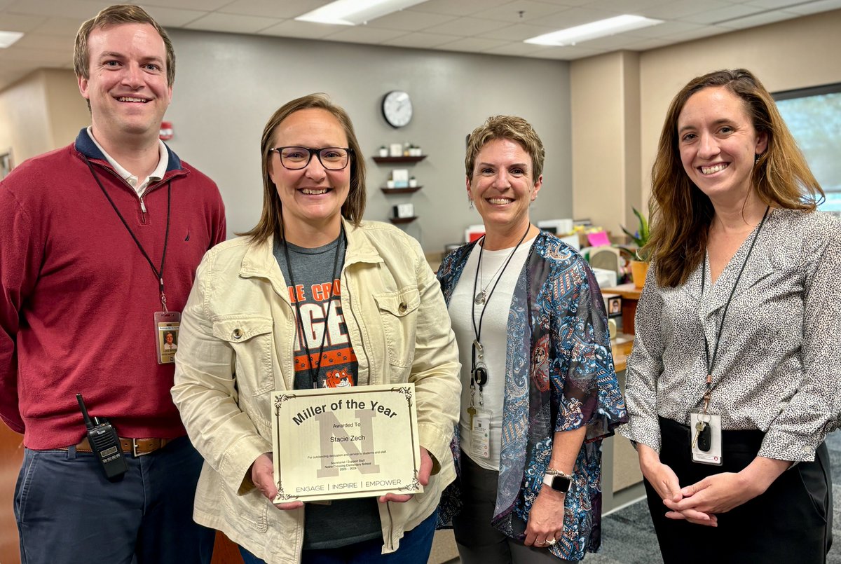This week we're celebrating secretarial staff + @NobleCrossing's Stacie Zech as winner of Miller of Year award for support staff! Known for her humor + strong relationships, Stacie is a hard worker who goes above + beyond serving students, staff + families. Congrats, Stacie!