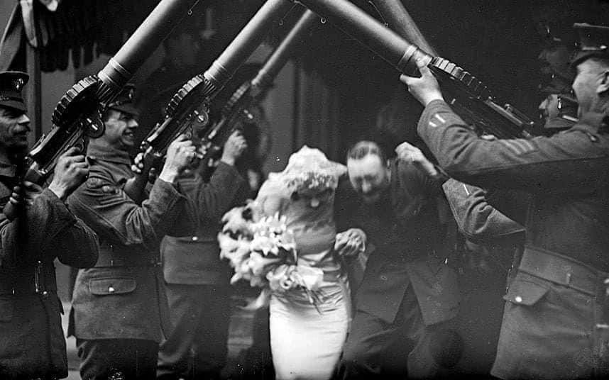 A Photograph of The wedding of a British machine gunner, taken in 1918.