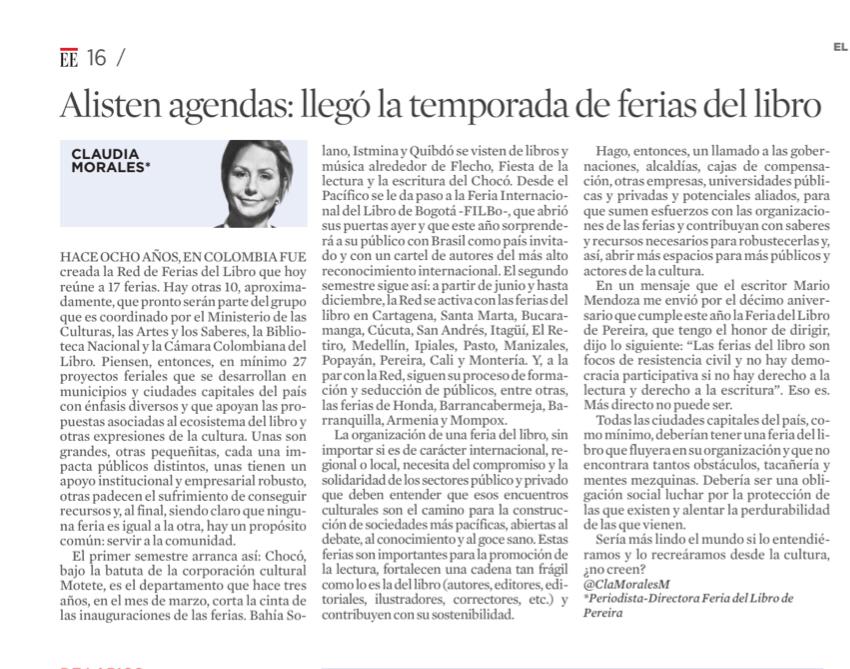 #DiaInternacionalDelLibro #DiaDelIdioma aprovechen @FILBogota 📚📖 Y nunca sobra recordar que el 2o semestre viene recargado con ferias del libro en otras ciudades. El apoyo ciudadano es imprescindible para el éxito de la cultura. Esta fue mi columna del viernes en @EEopinion