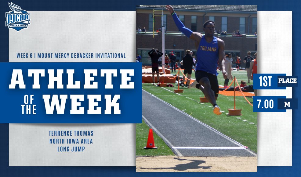 First Place ✅ Second Place ✅ Athlete of the Week ✅ @NIACCTrojans' Terrence Thomas is the #NJCAATF DI Men's Athlete of the Week! Thomas placed first in the long jump and second in the triple jump last week at the Mount Mercy DeBacker Invitational. 💪 #NJCAAPOTW