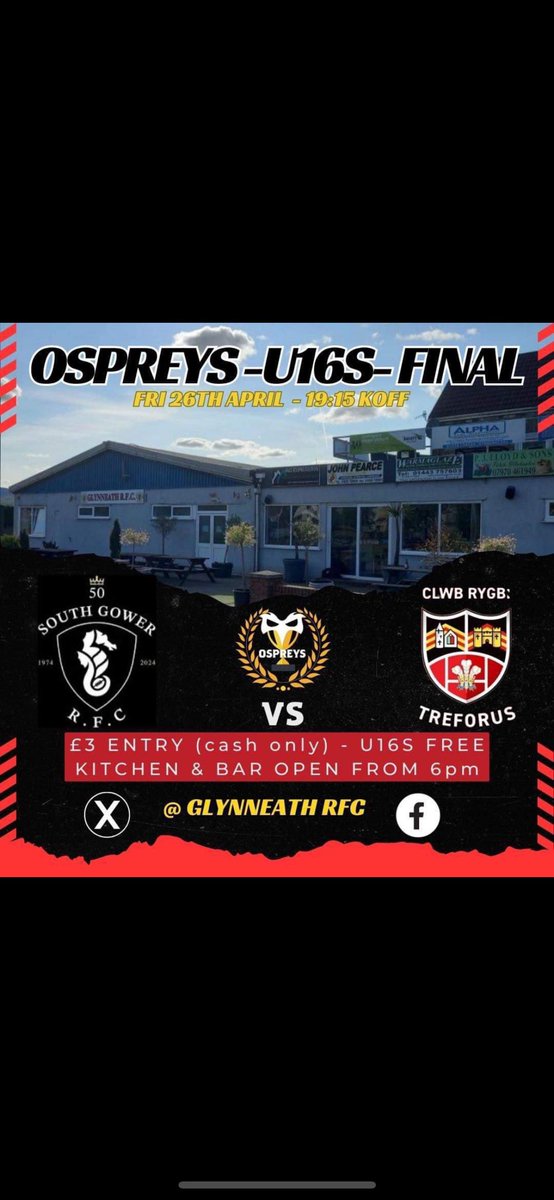 Friday 26th April KO 7:15 Osprey u16’s Final at Abernant Park between @South_GowerRFC and @RfcMorriston