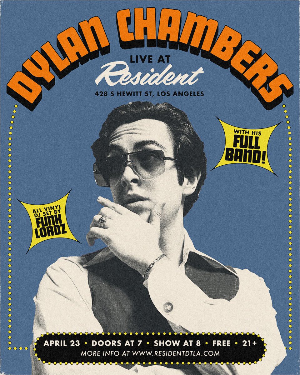 Dylan Chambers (@dylan_chambers) on Twitter photo ✨LA!✨ See ya tonight at <a href="/ResidentDTLA/">ResidentDTLA</a> for my FREE full band show! Doors at 7pm. FunkLordz all vinyl DJ set from 7:30-8:30pm during OPEN BAR. Us at 8:30pm sharp. RSVP + more info here: residentdtla.com/events/8721796… ✨LA!✨ See ya tonight at <a href="/ResidentDTLA/">ResidentDTLA</a> for my FREE full band show! Doors at 7pm. FunkLordz all vinyl DJ set from 7:30-8:30pm during OPEN BAR. Us at 8:30pm sharp. RSVP + more info here: residentdtla.com/events/8721796…