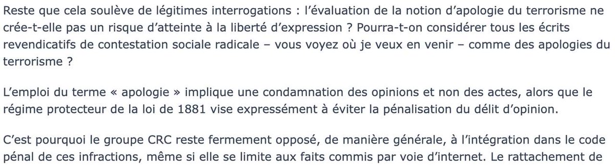 Alternative communiste défend la position historique du @PCF contre le délit d’apologie du terrorisme car il n’est pas possible de l’établir sur des bases solides et son utilisation actuelle montre qu’@ElianeAssassi avait raison de dire :