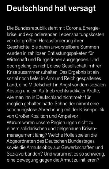 Wenn wir Krisenpolitik daran messen, ob es gelingt, eine Gesellschaft in Solidarität zusammenzuhalten, hat Deutschland eklatant versagt. Ich wollte da nichts mehr schönreden. Das Buch erscheint Ende Juni. Wo, wie und wann Präsentation stattfindet, später, wenn alles feststeht.