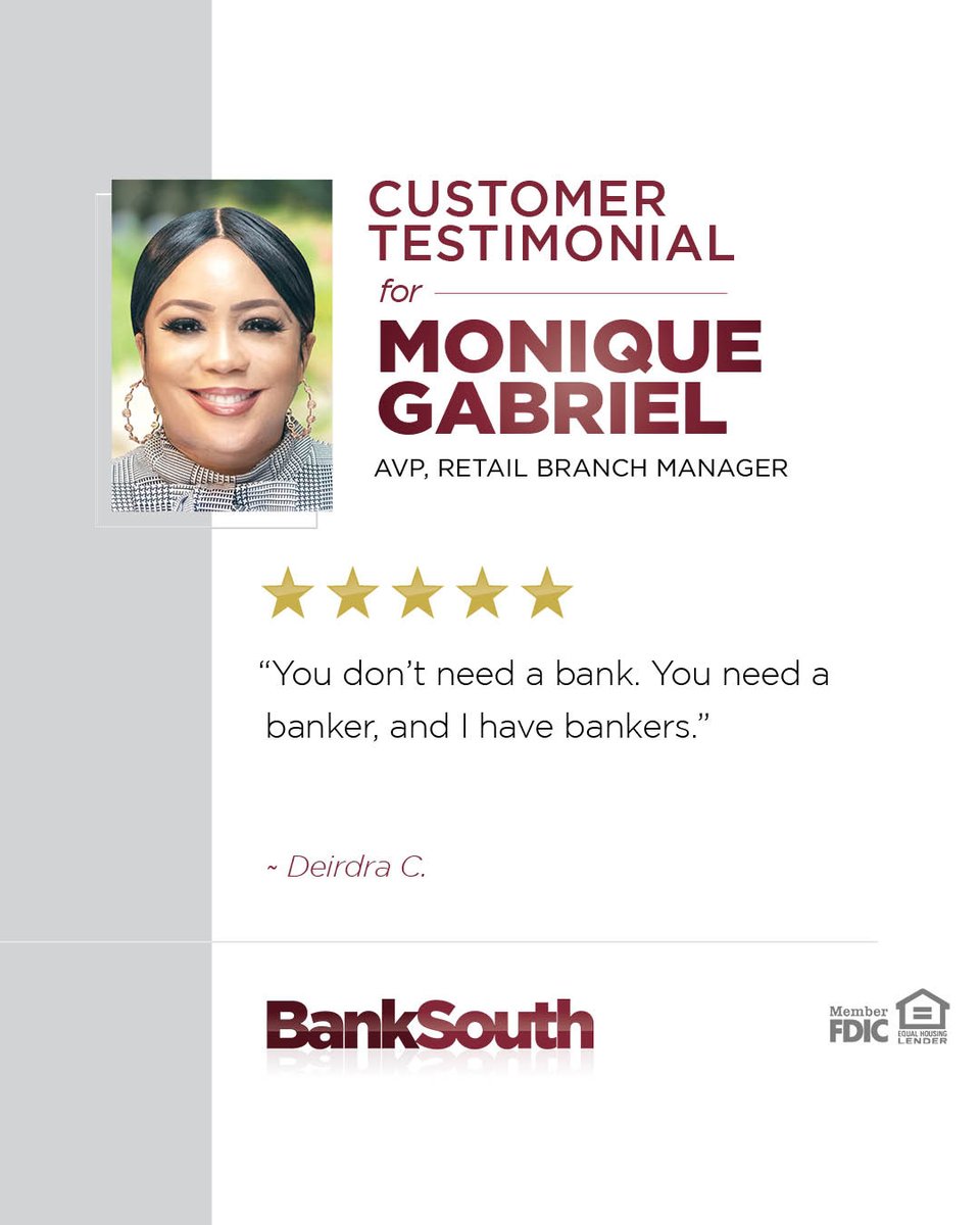 Thank you, Deidra, for these kind words! This is truly one of the best benefits of banking with a community bank. Start to BankEasy, BankSafe, BankSouth, just like Deirdra! 💼 Learn more: birdeye.cx/0vh1u7

#banksouth  #businessbanking #smallbusiness #testimonials