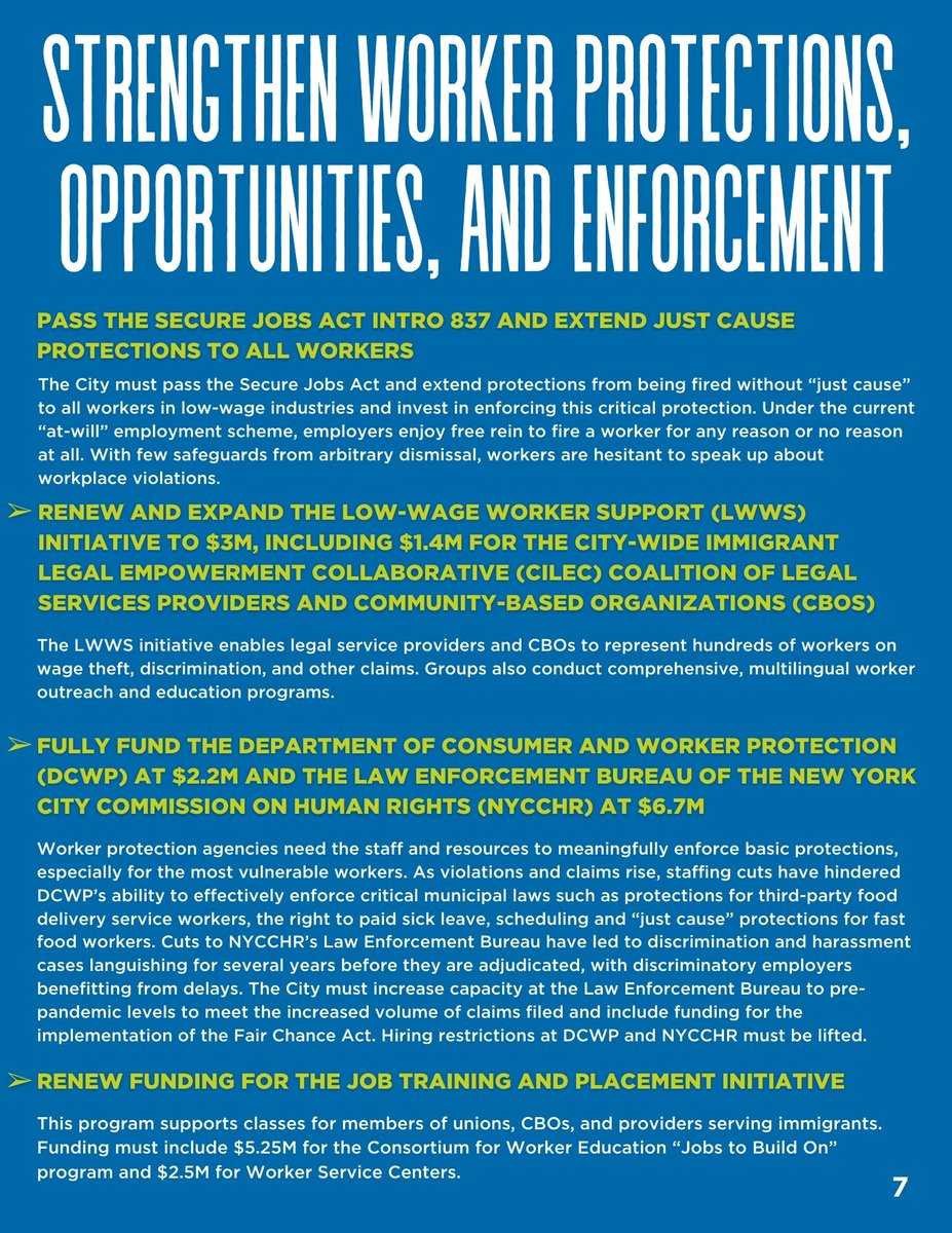 ✊NYC workers need stronger protections, opportunities, and enforcement! ☑️Pass the Secure Jobs Act. ☑️Renew and expand the Low-Wage Worker Support initiative. ☑️Fully fund @helloDCWP and the Law Enforcement Bureau of @NYCCHR. Check out our platform: maketheroadny.org/2024-nyc-polic…