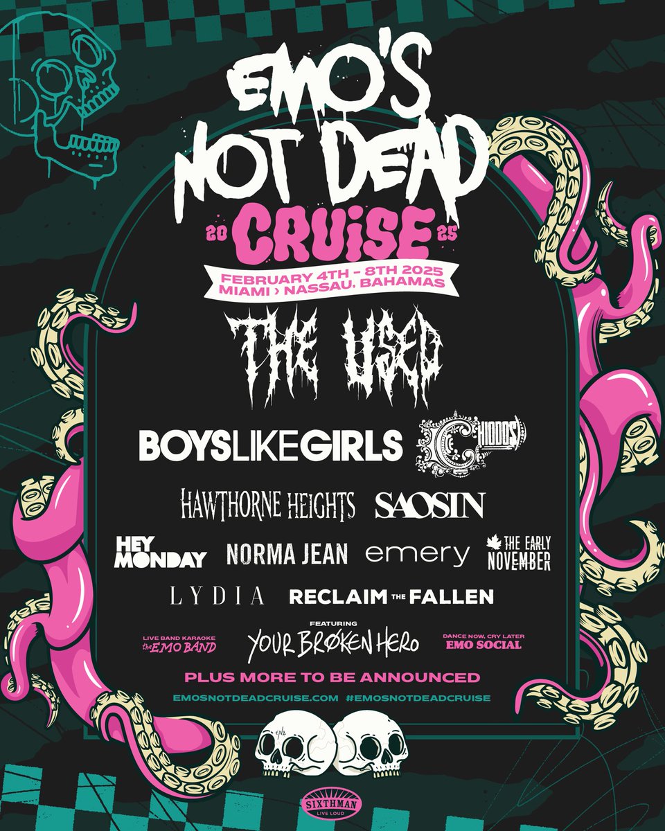 Can not WAIT to join year 3 of the Emo’s Not Dead Cruise, setting sail February 4-8, 2025 from Miami to Nassau, Bahamas. Will be playing Hey Monday stuff (obviously!) as well as some of my solo project! See you all aboard the sad ship 🖤