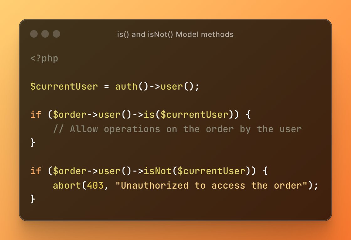 Hey Laravel Developers 👩‍💻

While making comparisons for matching if any two models are equal or not, always make use of the is() and isNot() methods in the model class instead of using comparisons along with the ID of the model

Using this approach has the following benefits…