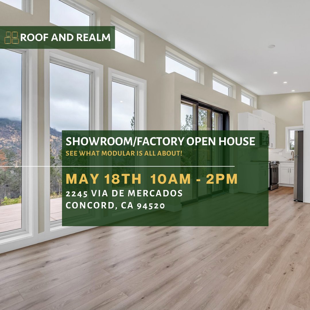 RealmRoof's tweet image. Join Roof and Realm’s Showroom Open House on Saturday, May 18th! Take a tour of our Factory to see what Realms are under fabrication and take a tour of our X48 model. RSVP Today!

#ADU #ADUBuilder #CaliforniaADU  #ModularHome #ModernDesign #affordablehousing #affordablehome