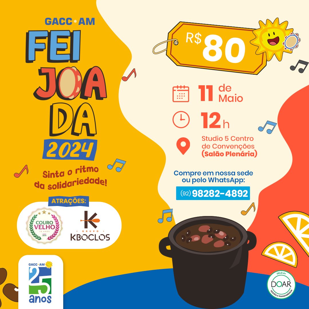 gaccamazonas's tweet photo. Vamos celebrar os 25 anos do GACC Amazonas com a nossa tradicional Feijoada. Teremos um dia de muita alegria, sorteios, venda de produtos do GACC-AM, e música ao vivo com a roda de samba do Couro Velho e Boi-Bumbá com a Banda Kboclos. 
Sinta o ritmo da solidariedade ☀️ https://t.co/wlOMOYmNTK