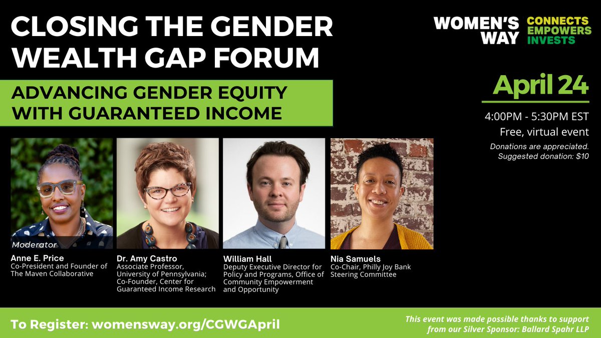 Join us tomorrow at 4:00 PM ET for Closing the Gender Wealth Gap Forum: Advancing Gender Equity with Guaranteed Income! We have an incredible panel lined up and can't wait to dig into this conversation. See you there? womensway.org/CGWGApril