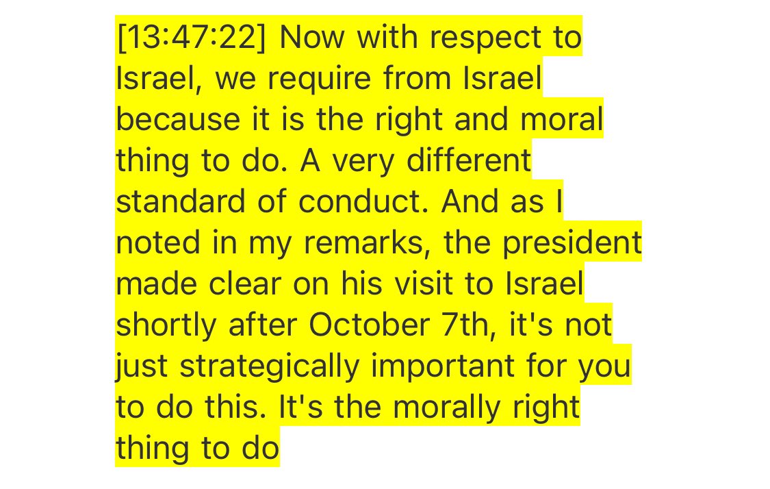 Good catch by @GillianHTurner: Secretary of State Blinken just yesterday said there is no double standard that the Biden administration applies to Israel. Today, Biden’s humanitarian envoy to the Middle East, David Satterfield, admitted that of course there’s a double standard: