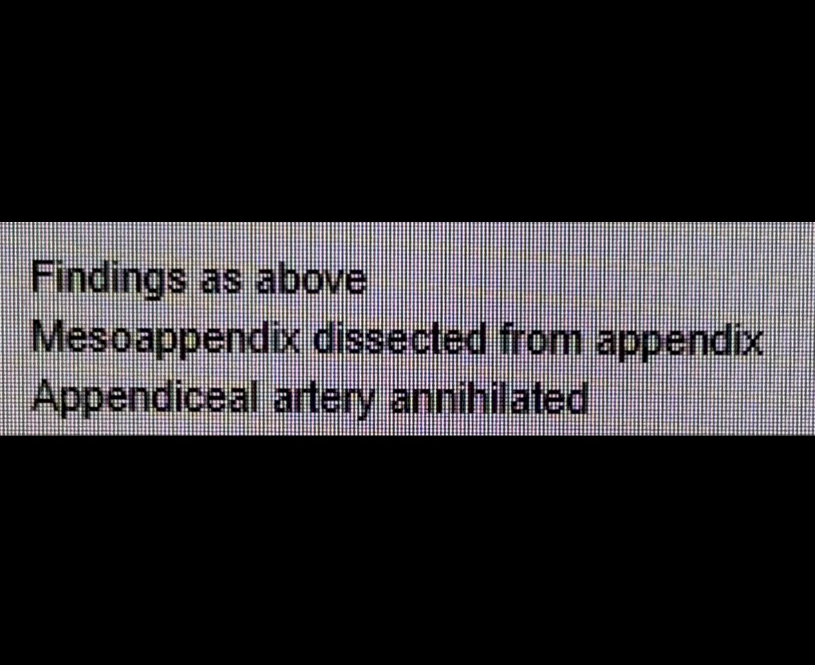 richlaing's tweet photo. I read this exuberant description of how the appendicular artery was dealt with. This term should be used more in Op notes 😂. https://t.co/E7naqcrwCH